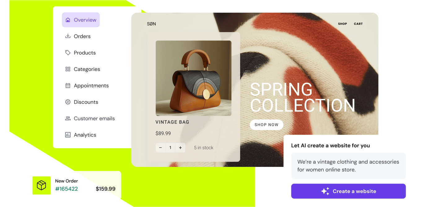 Online store dashboard showing a product page and order management panel